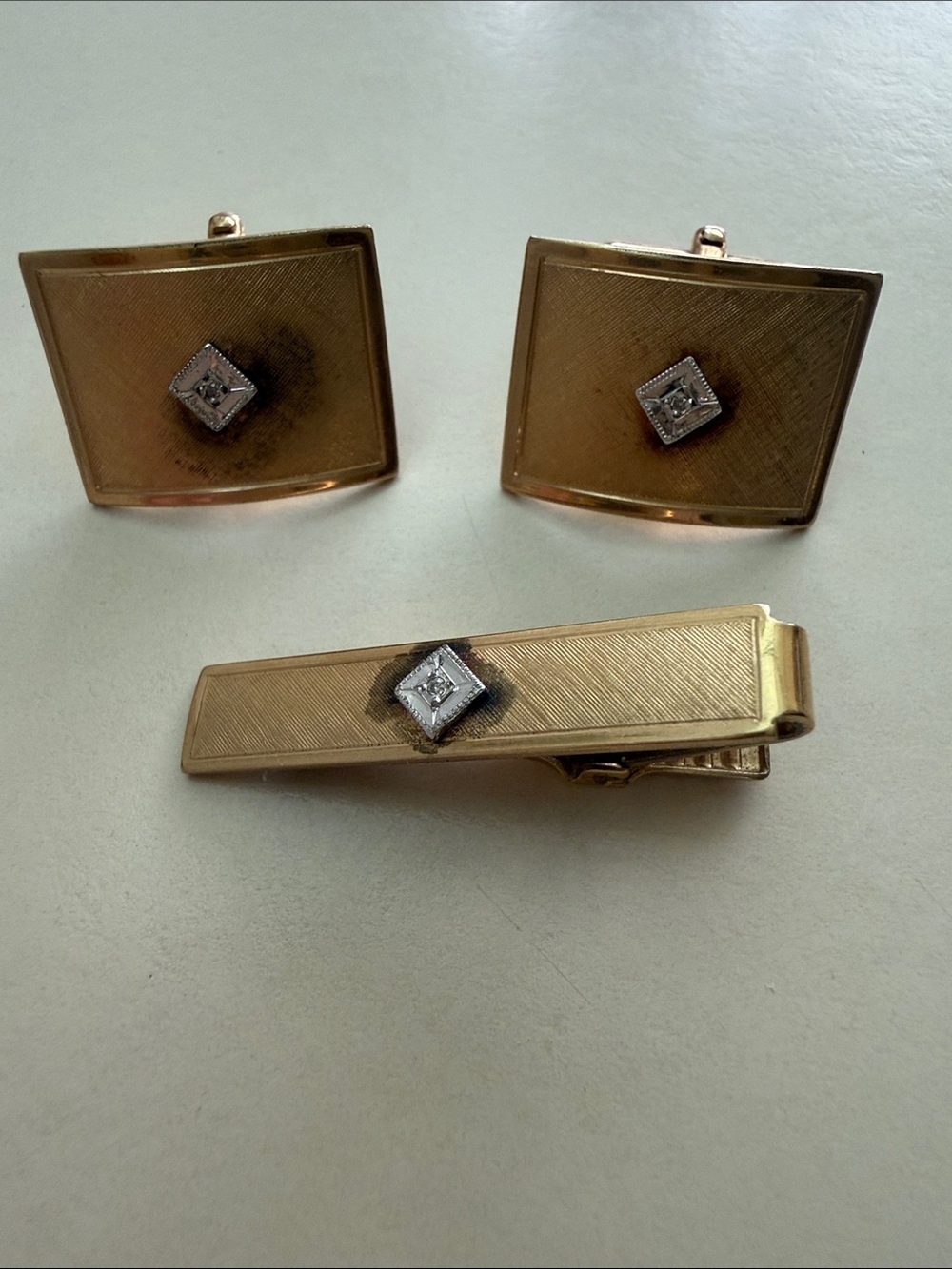 Vintage Anson 12K Gold Filled Cufflink & Tie Clip Set Mid Century Diamond Accent